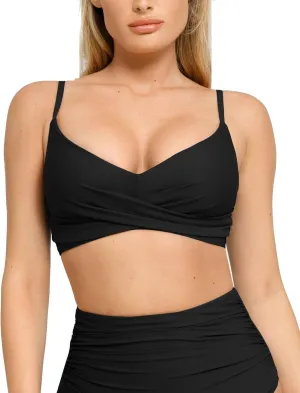 Popilush Bikini Top for Women - Twist Front V Neck Push Up Padded Swim Top with Adjustable Straps - Bathing Suit Top