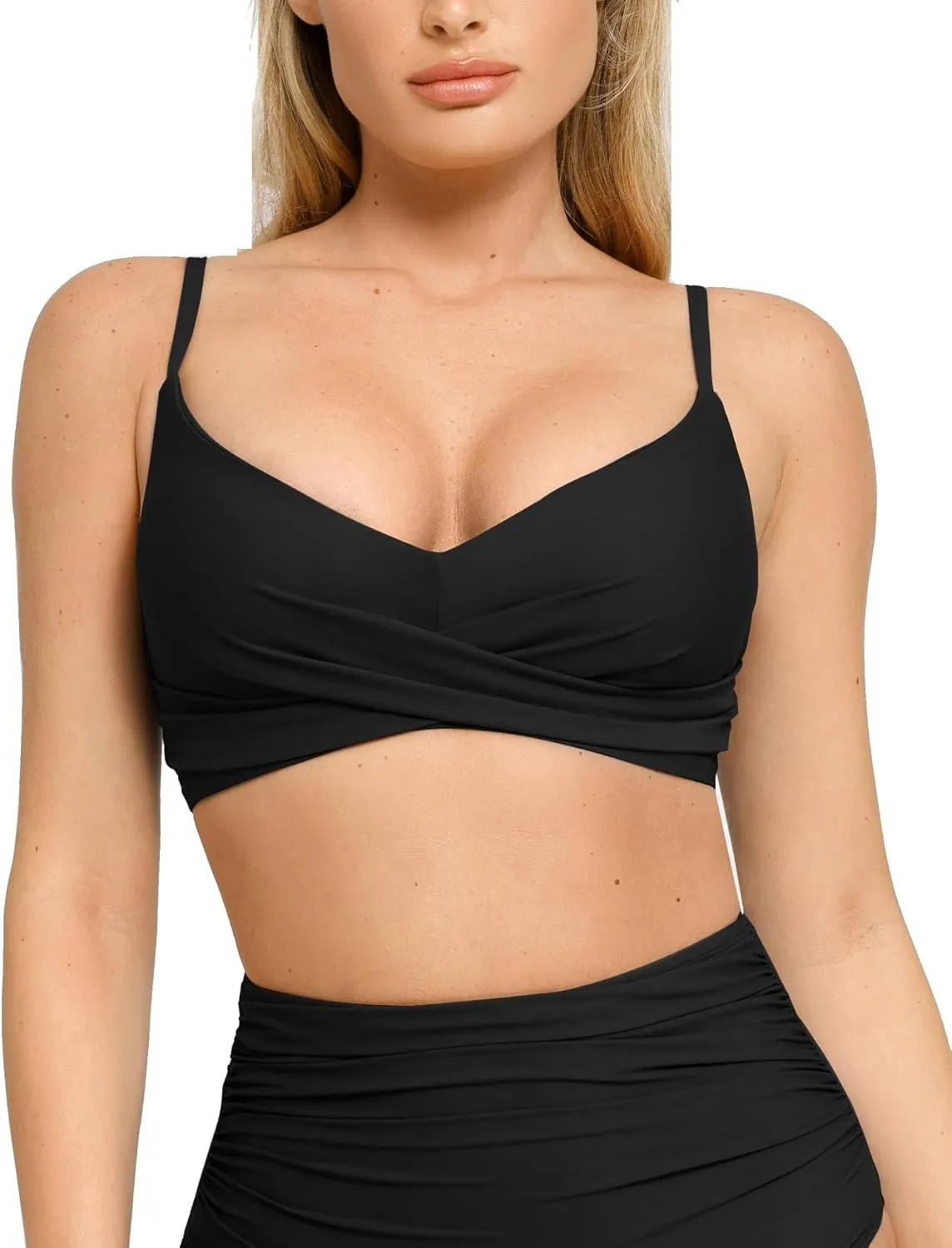 Popilush Bikini Top for Women - Twist Front V Neck Push Up Padded Swim Top with Adjustable Straps - Bathing Suit Top