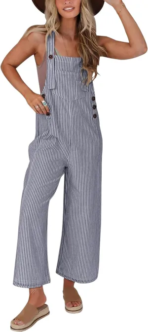 PRETTYGARDEN Overall Jumpsuit For Women 2025 Summer Casual Wide Leg Sleeveless Button Striped Jumpsuits Trendy Outfits
