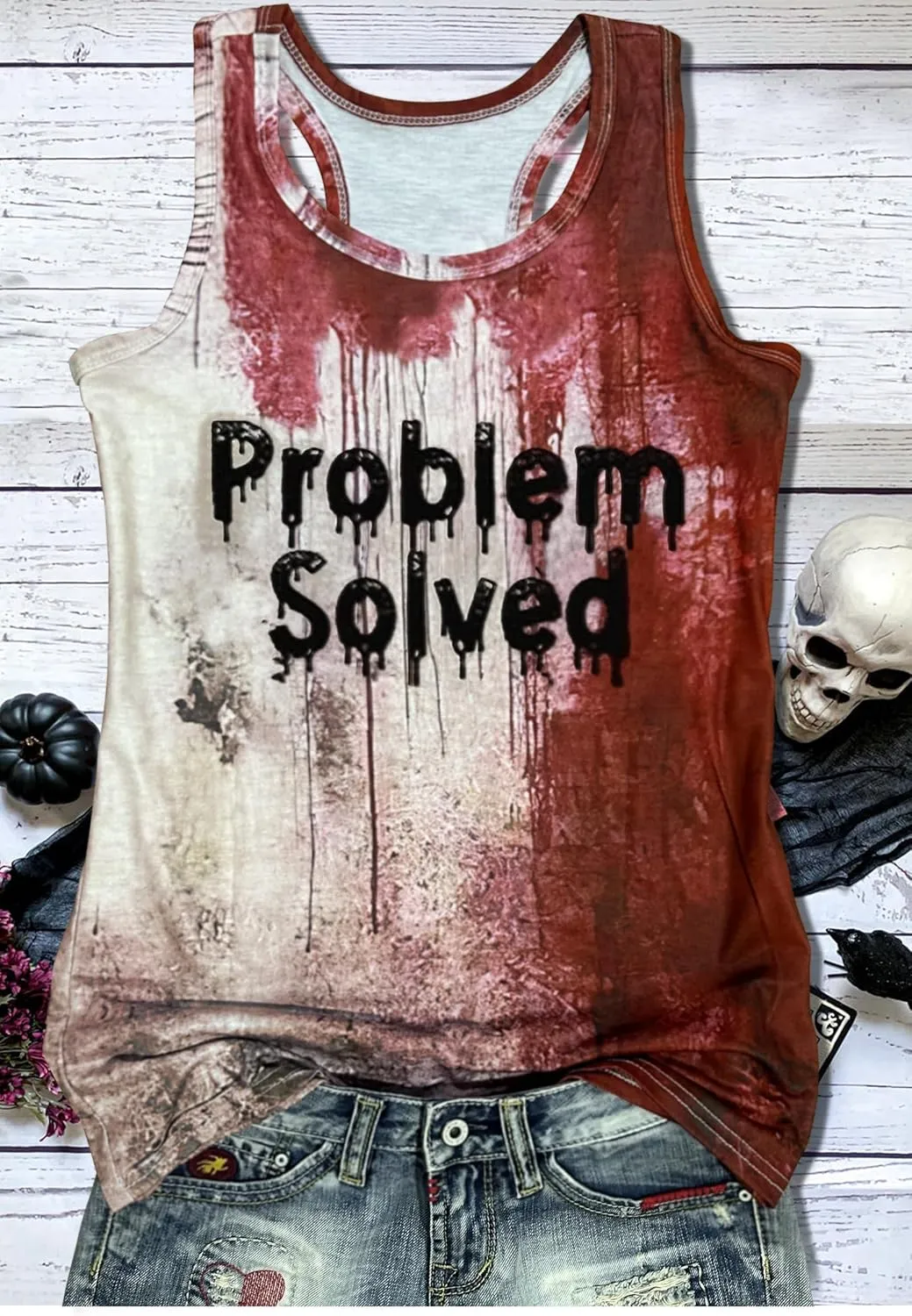 Problem Solved Halloween Tank Tops for Women Bloody Splatter Graphic Shirts Halloween Casual Racerback Tops
