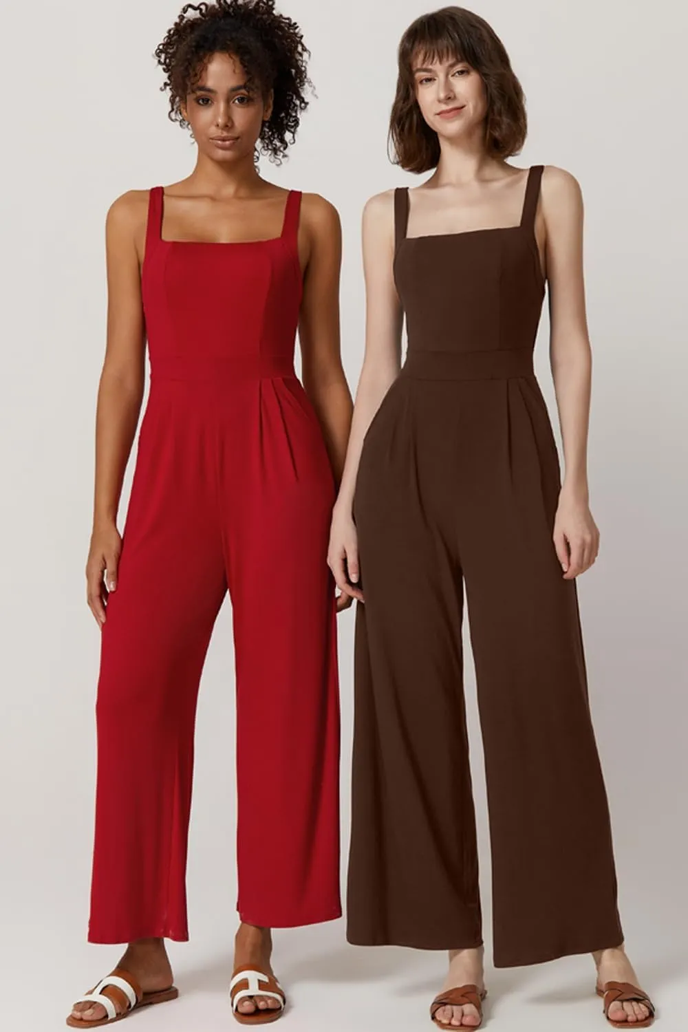 QINSEN Womens Casual Loose Overalls Jumpsuit Square Neck One Piece Sleeveless Wide Leg Rompers Outfits