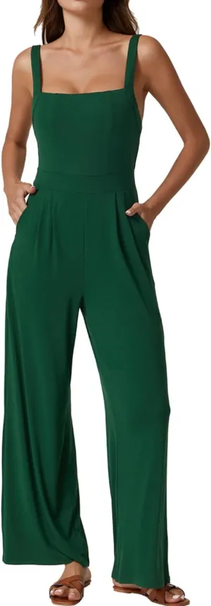 QINSEN Womens Casual Loose Overalls Jumpsuit Square Neck One Piece Sleeveless Wide Leg Rompers Outfits