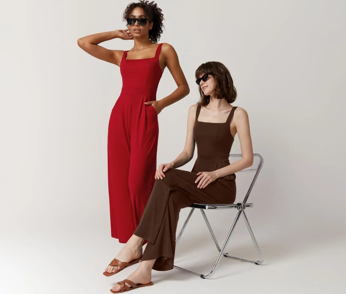 QINSEN Womens Casual Loose Overalls Jumpsuit Square Neck One Piece Sleeveless Wide Leg Rompers Outfits