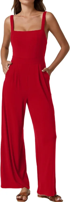 QINSEN Womens Casual Loose Overalls Jumpsuit Square Neck One Piece Sleeveless Wide Leg Rompers Outfits