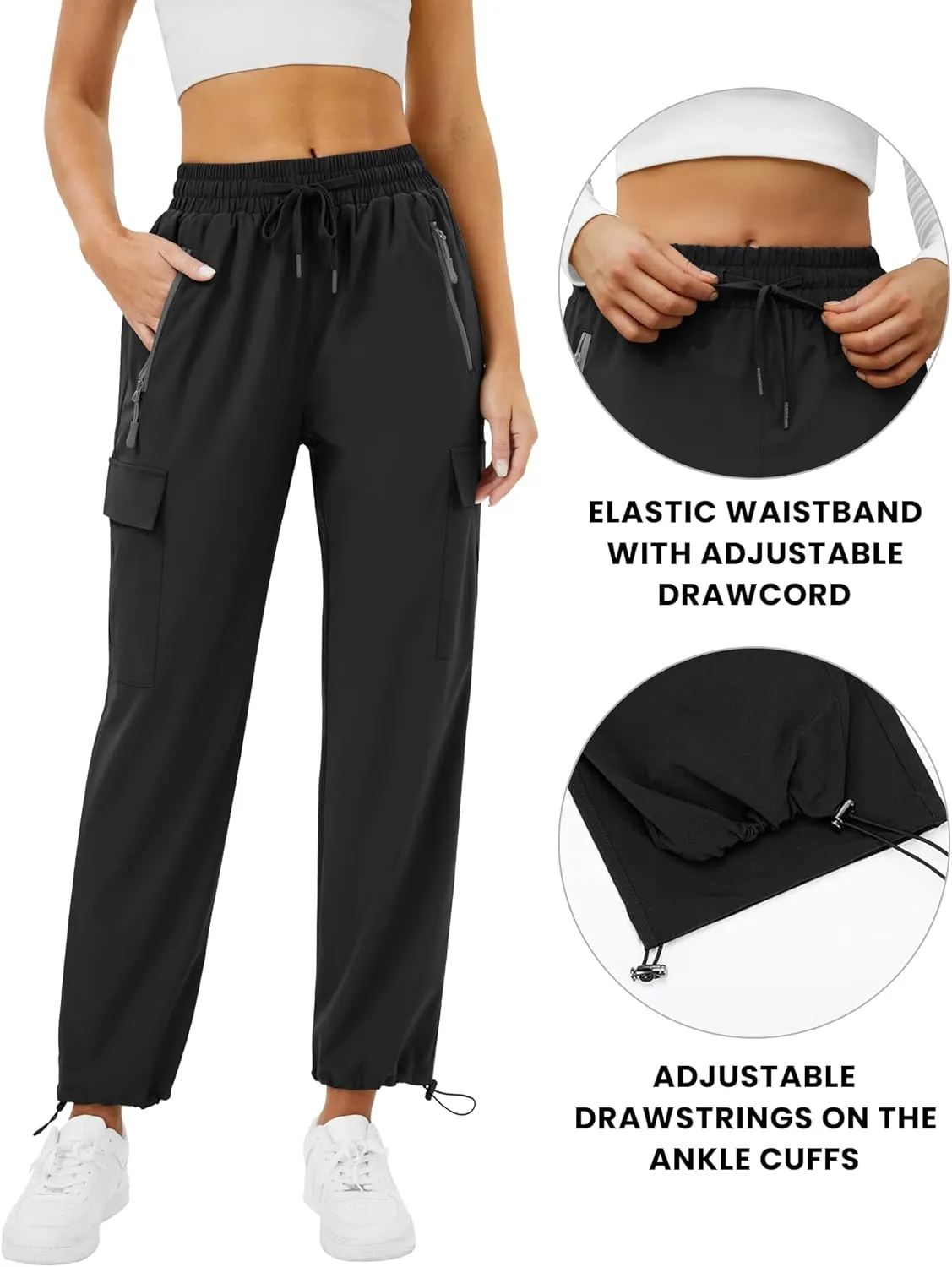 Quick Dry Cargo Pants Lightweight Tactical Hiking Pants with 6 Pockets for Women, Elastic Waist and Water-Resistant