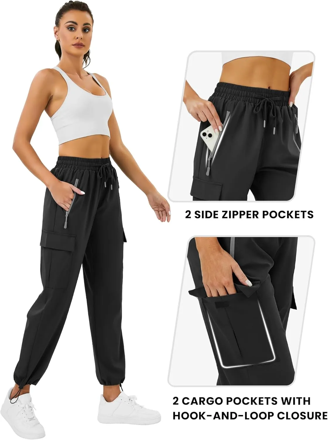 Quick Dry Cargo Pants Lightweight Tactical Hiking Pants with 6 Pockets for Women, Elastic Waist and Water-Resistant
