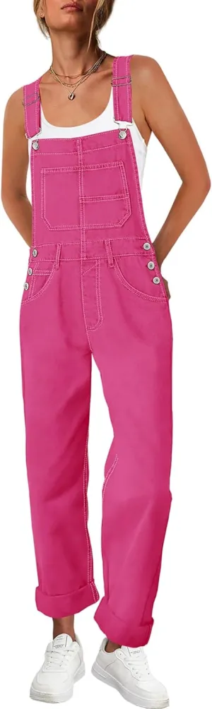 ReachMe Womens Casual Adjustable Bib Overalls Classic Cuffed Hem Jumpsuits Vintage Cross Back Romper Pants with Pockets