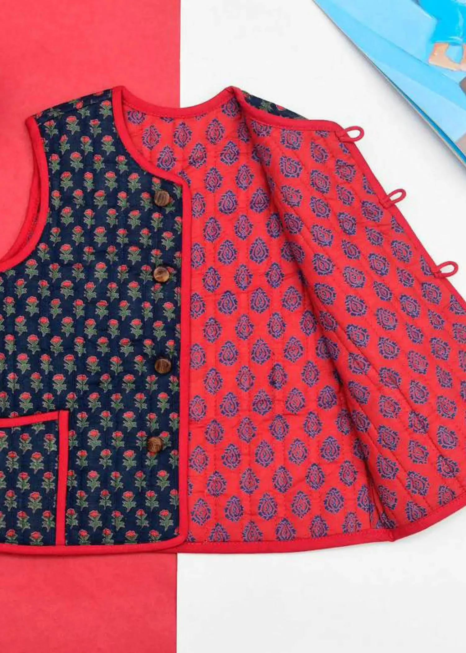 Red and Blue Quilted 100% Cotton Reversible Bundi Unisex (0-12 Years)