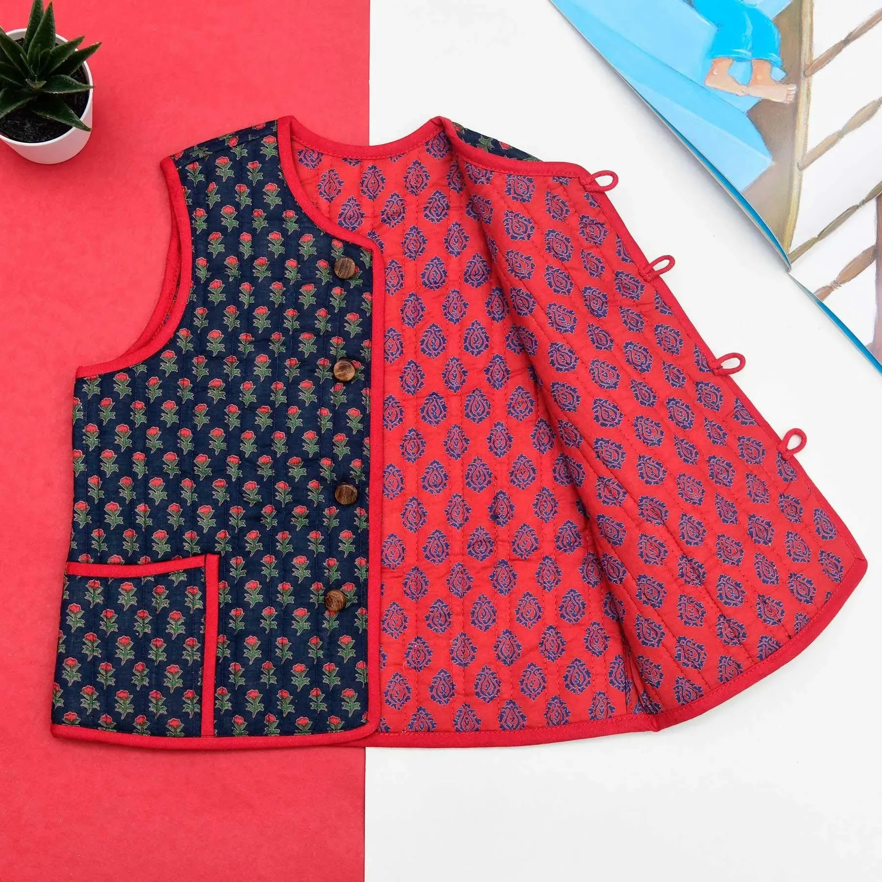 Red and Blue Quilted 100% Cotton Reversible Bundi Unisex (0-12 Years)