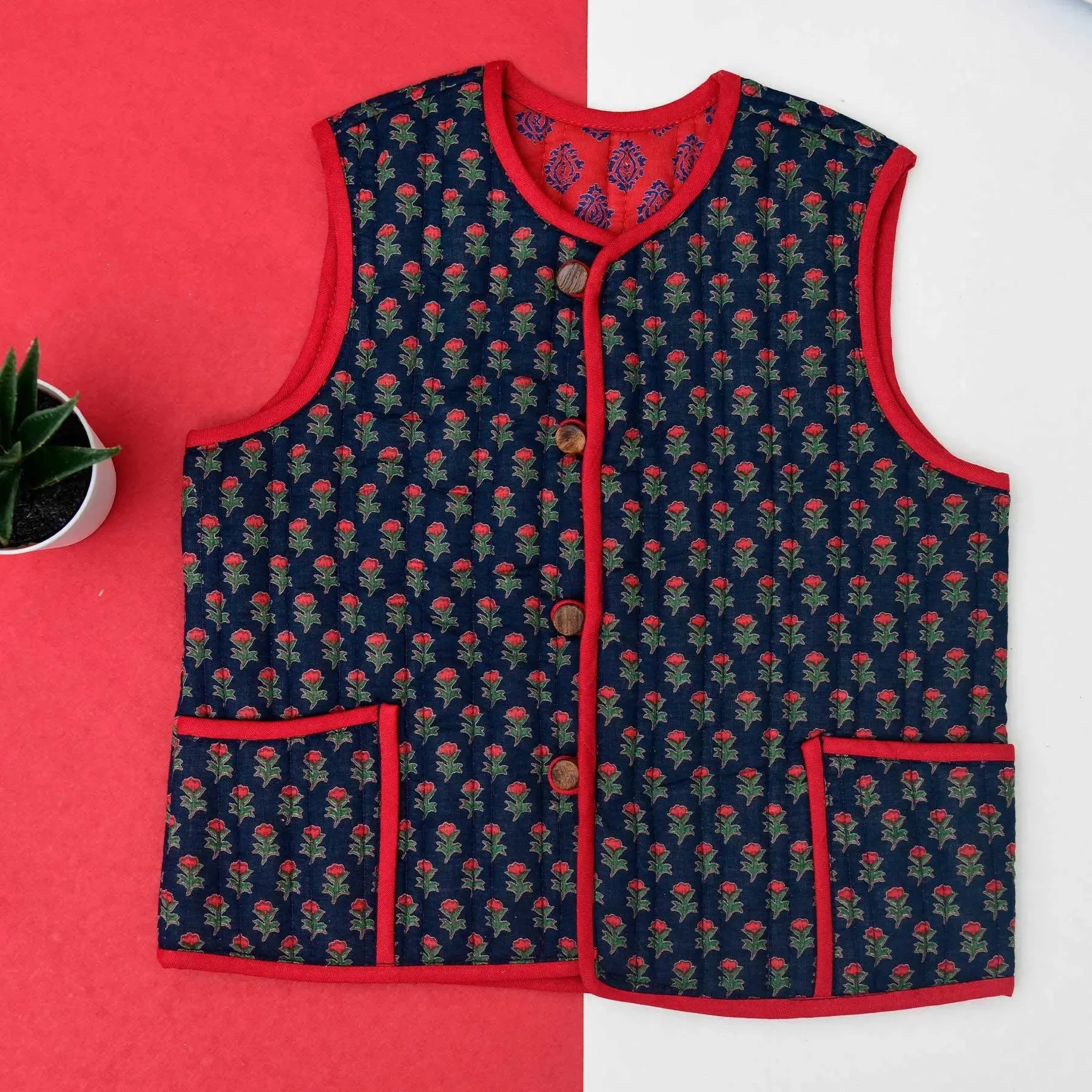 Red and Blue Quilted 100% Cotton Reversible Bundi Unisex (0-12 Years)
