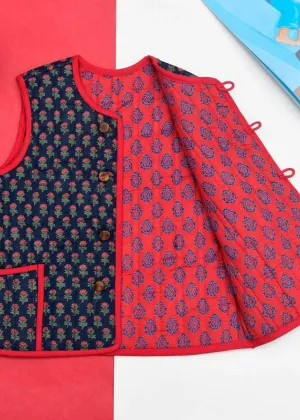 Red and Blue Quilted 100% Cotton Reversible Bundi Unisex (0-12 Years)