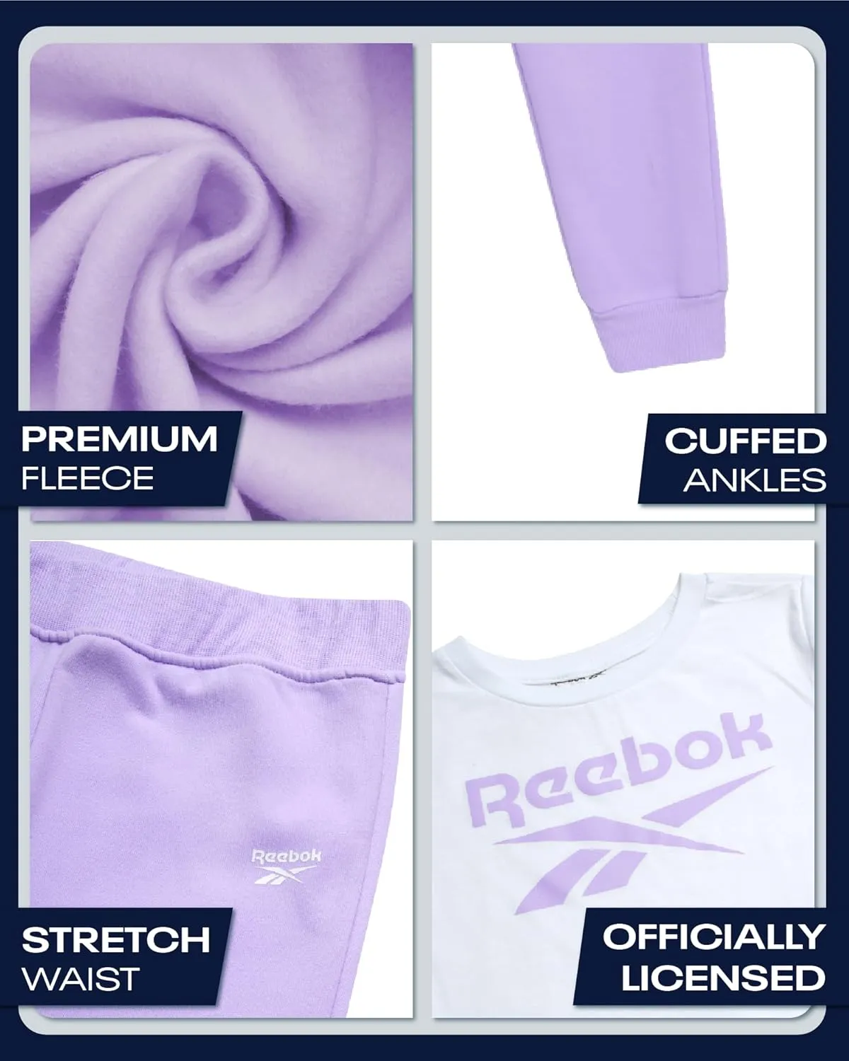 Reebok Girls' Activewear Set - 3 Piece Stylish Graphic T-Shirt, Fleece Pullover Hoodie, and Jogger Sweatpants (Size: 4-12)