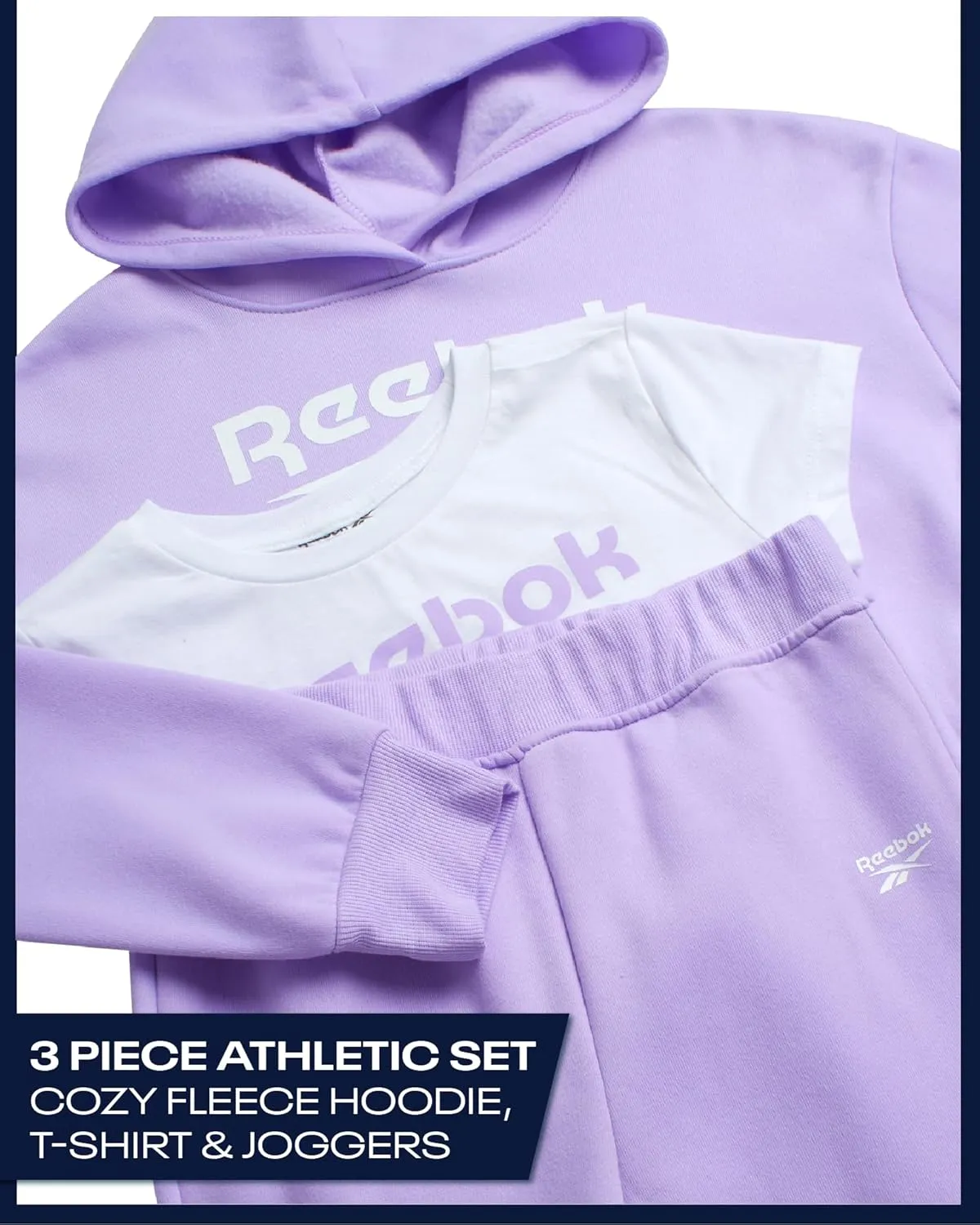 Reebok Girls' Activewear Set - 3 Piece Stylish Graphic T-Shirt, Fleece Pullover Hoodie, and Jogger Sweatpants (Size: 4-12)