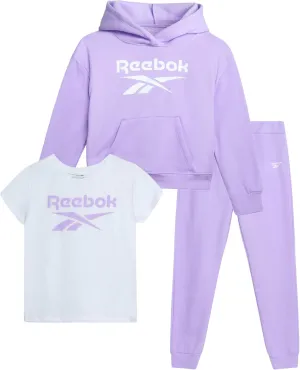 Reebok Girls' Activewear Set - 3 Piece Stylish Graphic T-Shirt, Fleece Pullover Hoodie, and Jogger Sweatpants (Size: 4-12)