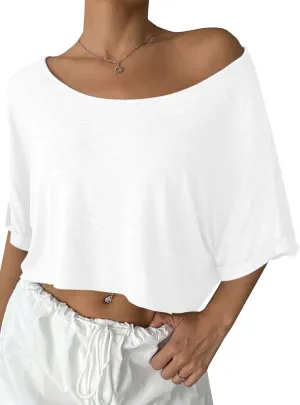 Remidoo Womens Off The Shoulder Short Sleeve Crop Top Asymmetrical Neck Loose Tshirt