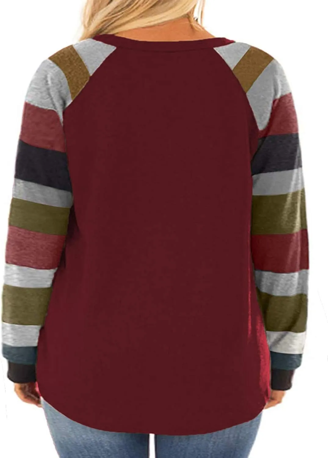 ROSRISS Womens Plus Size Long Sleeve Tunic Crewneck Colorblock Striped Tee Shirt