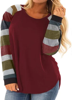 ROSRISS Womens Plus Size Long Sleeve Tunic Crewneck Colorblock Striped Tee Shirt
