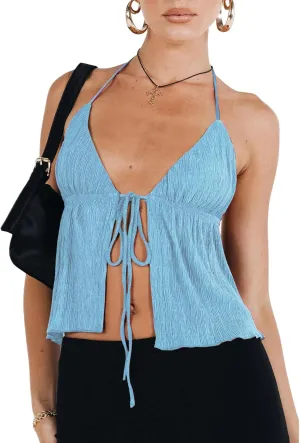 RUEWEY Women Y2K Backless Crop Top Vintage Sexy Tie Up Halter Deep V Neck Spaghetti Strap Cami Top Streetwear