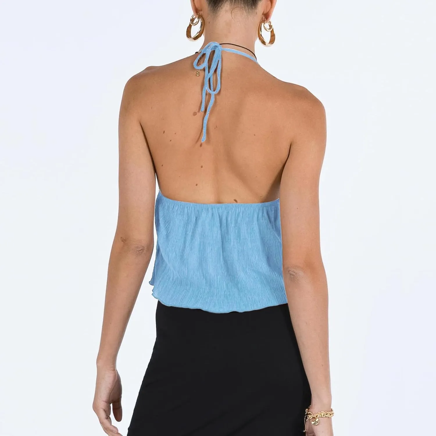 RUEWEY Women Y2K Backless Crop Top Vintage Sexy Tie Up Halter Deep V Neck Spaghetti Strap Cami Top Streetwear