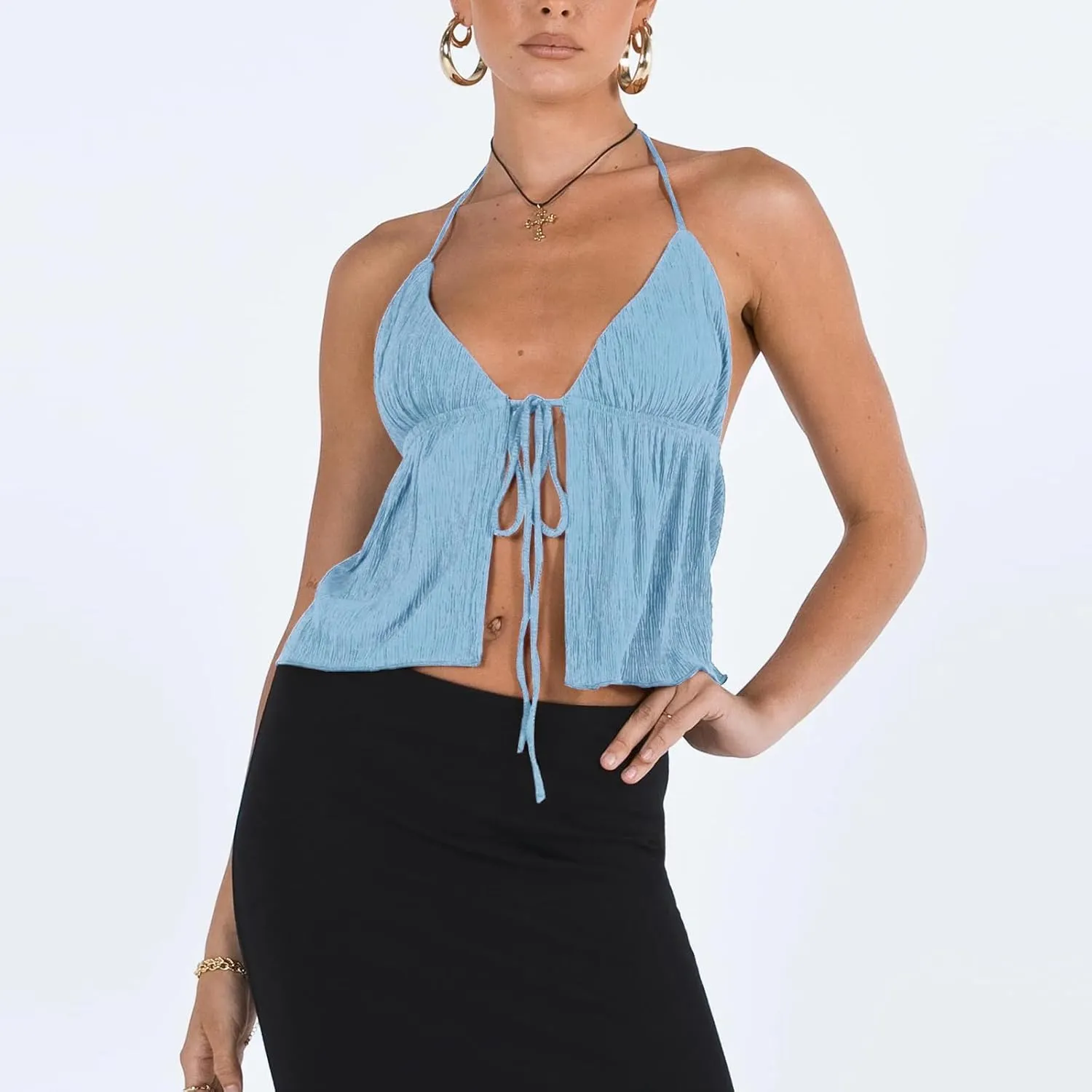 RUEWEY Women Y2K Backless Crop Top Vintage Sexy Tie Up Halter Deep V Neck Spaghetti Strap Cami Top Streetwear