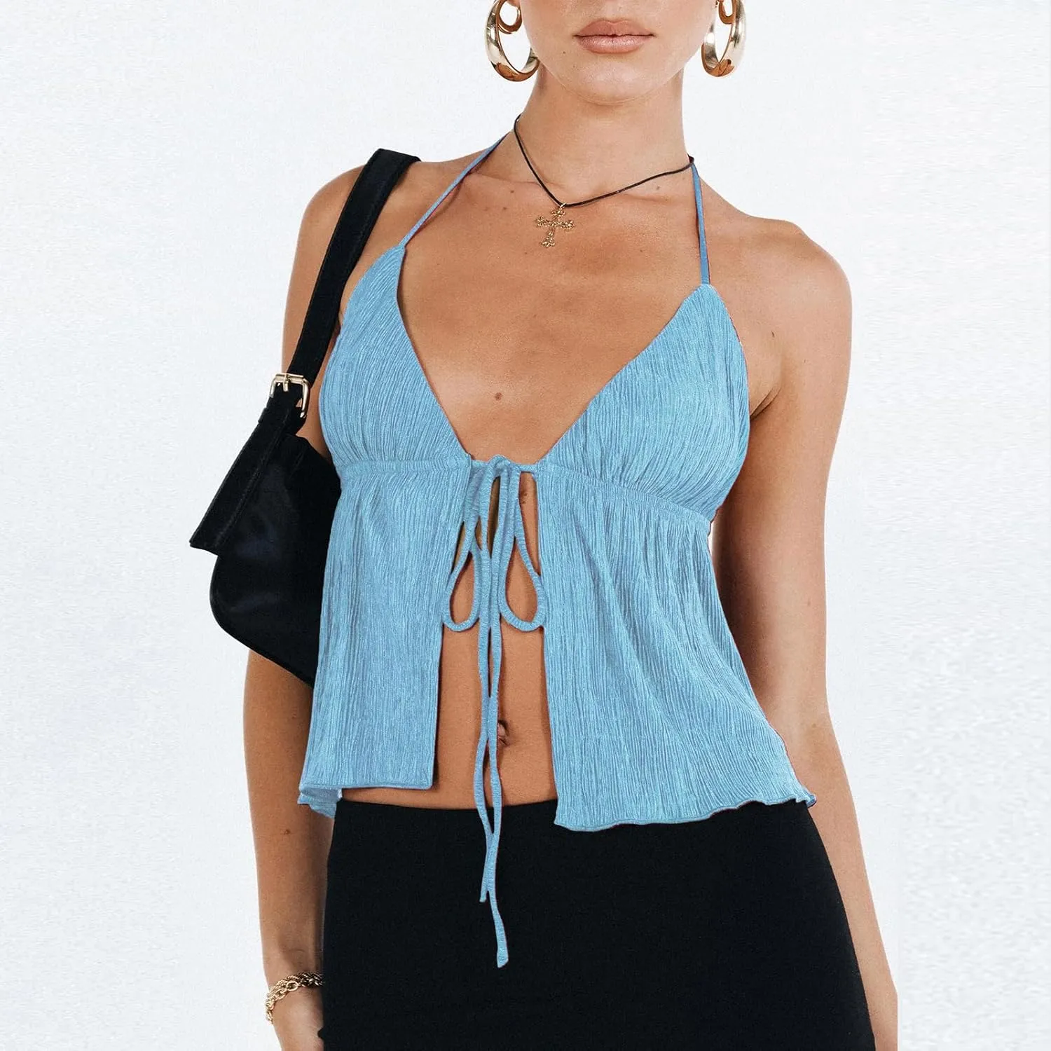 RUEWEY Women Y2K Backless Crop Top Vintage Sexy Tie Up Halter Deep V Neck Spaghetti Strap Cami Top Streetwear