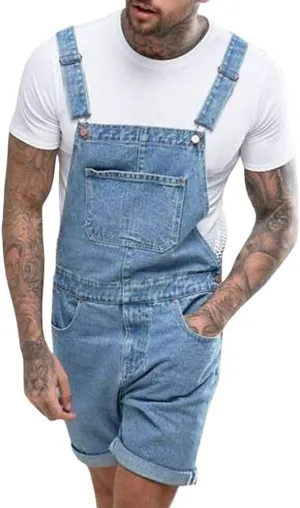 Runcati Mens Denim Shorts Bib Overall Jean Romper Casual Loose Fit Walkshort Button Pockets Summer Jumpersuit