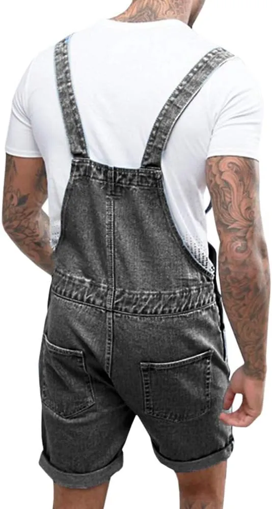 Runcati Mens Denim Shorts Bib Overall Jean Romper Casual Loose Fit Walkshort Button Pockets Summer Jumpersuit