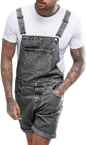 Runcati Mens Denim Shorts Bib Overall Jean Romper Casual Loose Fit Walkshort Button Pockets Summer Jumpersuit