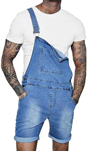 Runcati Mens Denim Shorts Bib Overall Jean Romper Casual Loose Fit Walkshort Button Pockets Summer Jumpersuit