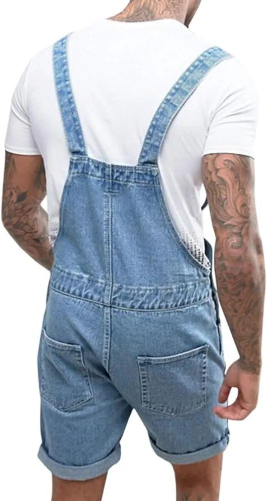 Runcati Mens Denim Shorts Bib Overall Jean Romper Casual Loose Fit Walkshort Button Pockets Summer Jumpersuit