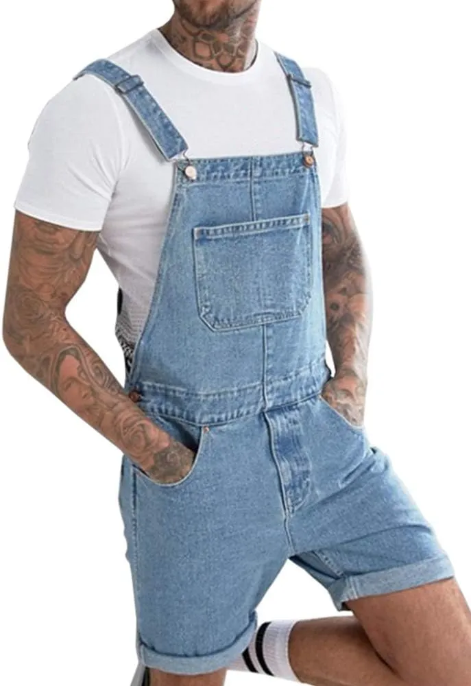 Runcati Mens Denim Shorts Bib Overall Jean Romper Casual Loose Fit Walkshort Button Pockets Summer Jumpersuit