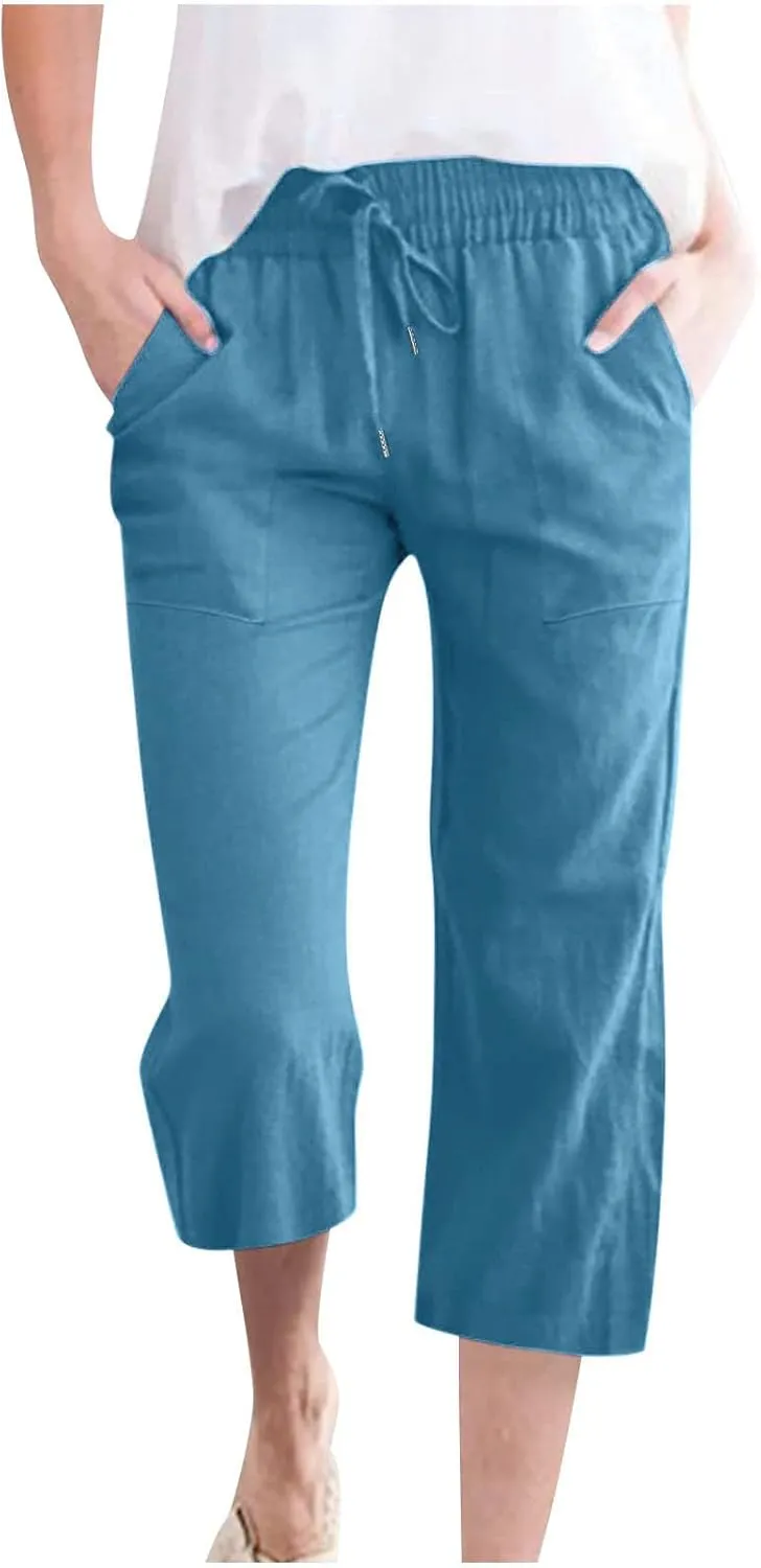 Ruziyoog Capris Pants for Women Cotton Linen Casual High Waist Drawstring Cropped Trouser Summer Loose Straight Wide Leg Pant