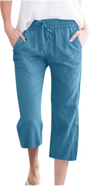 Ruziyoog Capris Pants for Women Cotton Linen Casual High Waist Drawstring Cropped Trouser Summer Loose Straight Wide Leg Pant