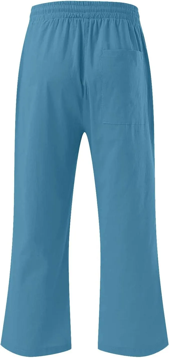 Ruziyoog Capris Pants for Women Cotton Linen Casual High Waist Drawstring Cropped Trouser Summer Loose Straight Wide Leg Pant