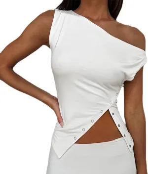 SAFRISIOR Women One Shoulder Button Sexy Crop Top Solid Sleeveless Off Shoulder Asymmetric Crop Tank Top Vest Tee Shirt