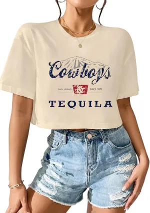 SALULAYER Cowboy Western Crop Shirt for Women Country Music Shirt Vintage Graphic Print Cowgril Rodeo Tee Country Party Tops