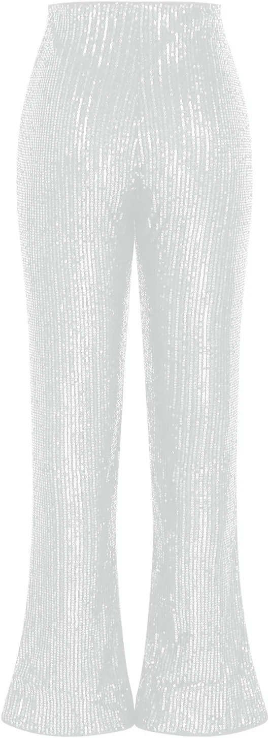 Sequin Flared Pants for Womens High Waist Glitter Long Pants Fashion Wide Leg Pants Solid Color Slim Fit Trousers