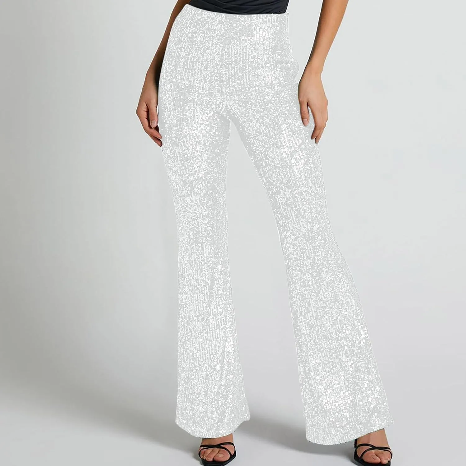 Sequin Flared Pants for Womens High Waist Glitter Long Pants Fashion Wide Leg Pants Solid Color Slim Fit Trousers