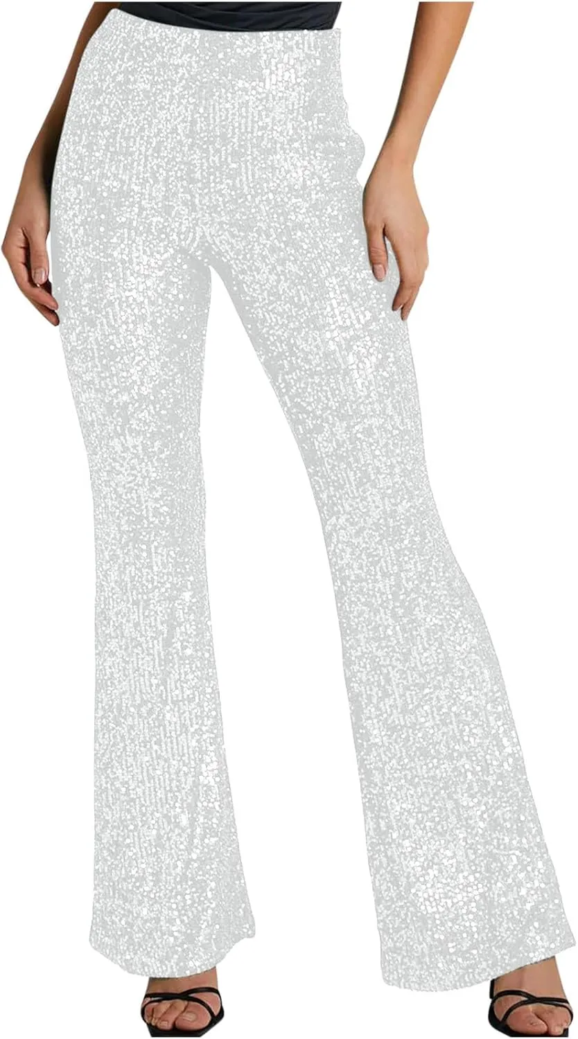 Sequin Flared Pants for Womens High Waist Glitter Long Pants Fashion Wide Leg Pants Solid Color Slim Fit Trousers