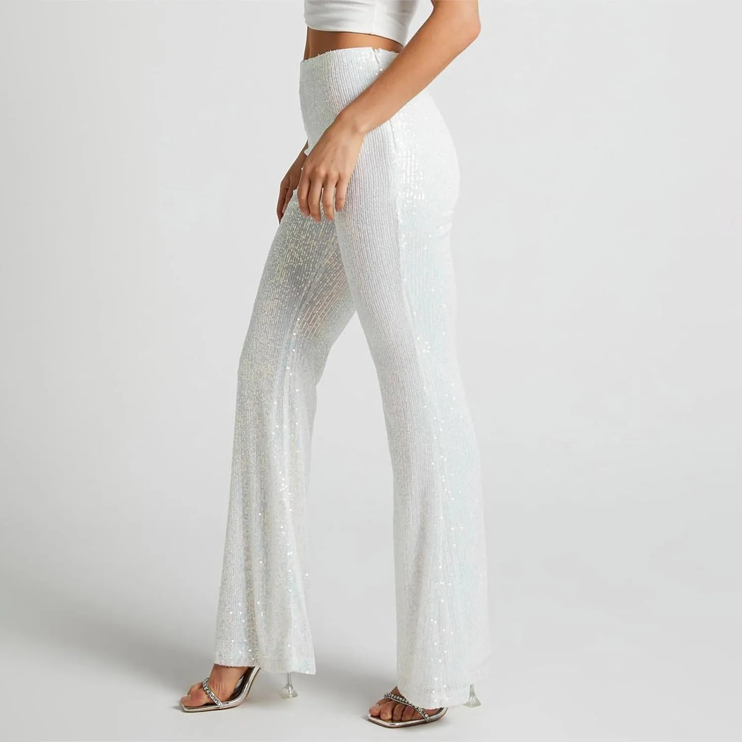 Sequin Flared Pants for Womens High Waist Glitter Long Pants Fashion Wide Leg Pants Solid Color Slim Fit Trousers