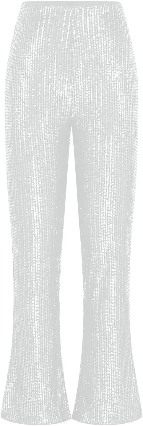 Sequin Flared Pants for Womens High Waist Glitter Long Pants Fashion Wide Leg Pants Solid Color Slim Fit Trousers