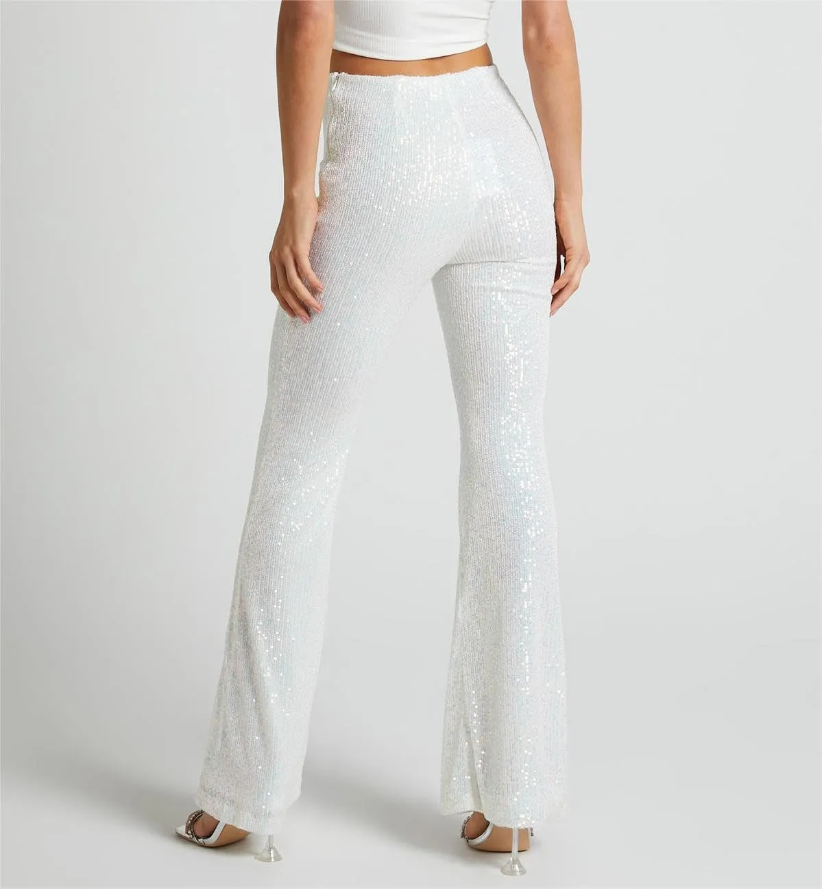 Sequin Flared Pants for Womens High Waist Glitter Long Pants Fashion Wide Leg Pants Solid Color Slim Fit Trousers