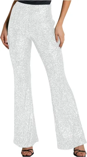 Sequin Flared Pants for Womens High Waist Glitter Long Pants Fashion Wide Leg Pants Solid Color Slim Fit Trousers