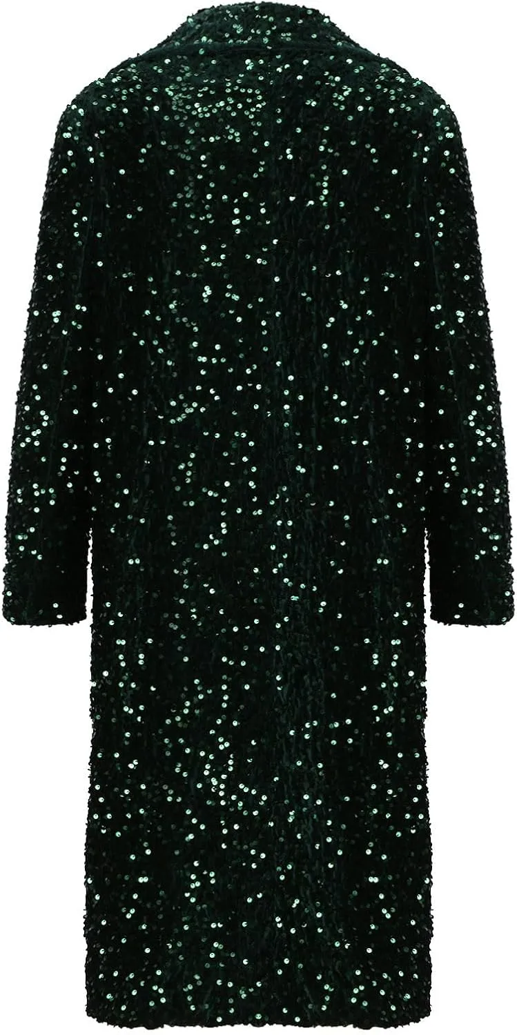 Sequin Jacket for Women Sparkly Trench Coat Party Casual Shiny Cardigan Long Sleeve Open Front Glitter Blazer