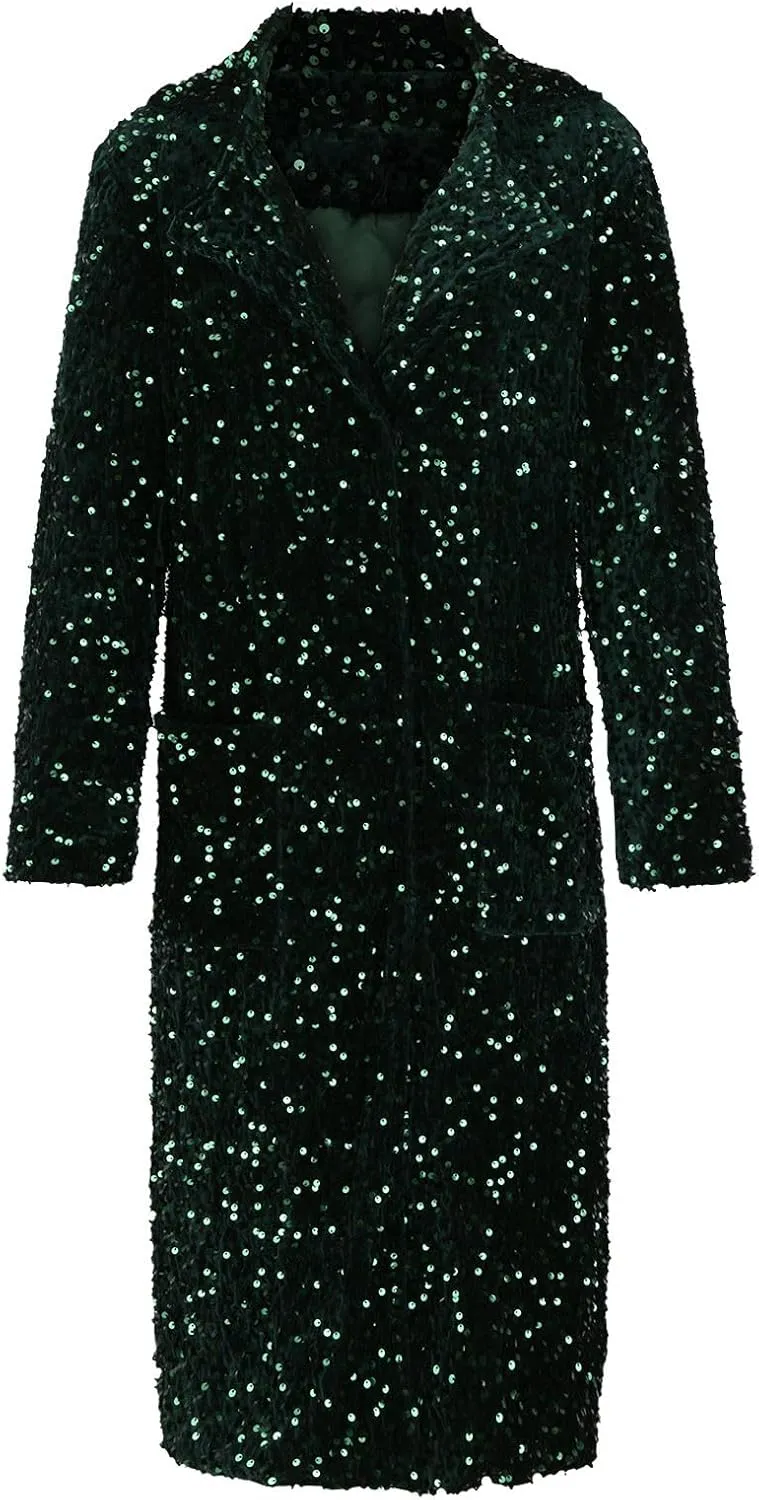 Sequin Jacket for Women Sparkly Trench Coat Party Casual Shiny Cardigan Long Sleeve Open Front Glitter Blazer