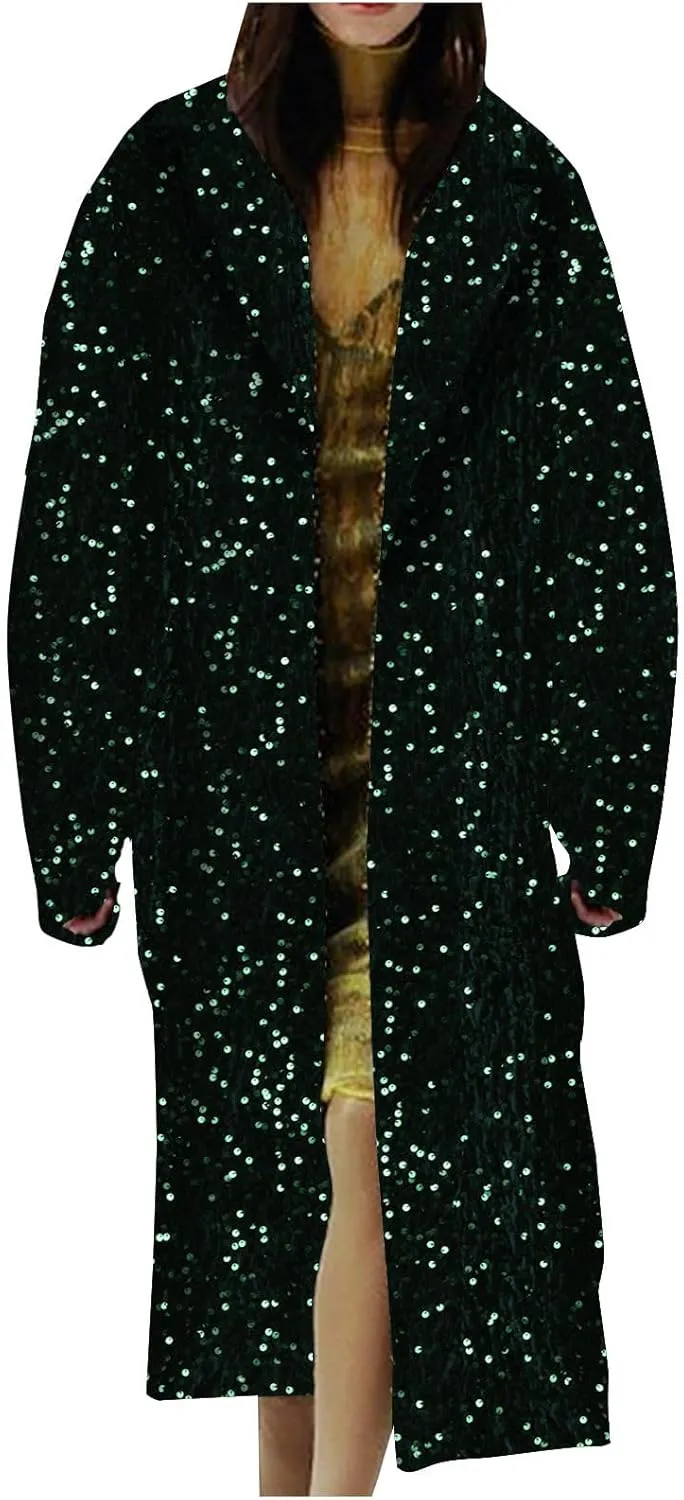 Sequin Jacket for Women Sparkly Trench Coat Party Casual Shiny Cardigan Long Sleeve Open Front Glitter Blazer