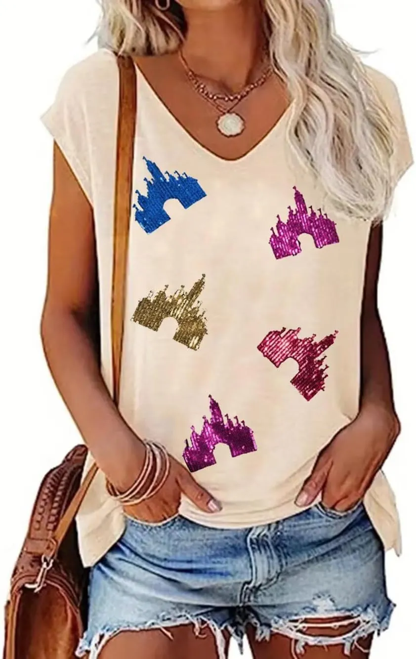 Sequin Magic Kingdom Tank Tops Castle Shirts for Women Colorful Castle Tank Tees Funny Vacation Trip Casual Vests