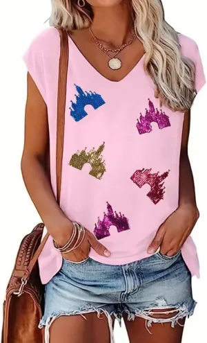 Sequin Magic Kingdom Tank Tops Castle Shirts for Women Colorful Castle Tank Tees Funny Vacation Trip Casual Vests