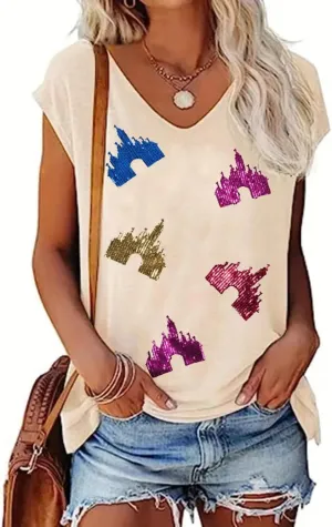 Sequin Magic Kingdom Tank Tops Castle Shirts for Women Colorful Castle Tank Tees Funny Vacation Trip Casual Vests