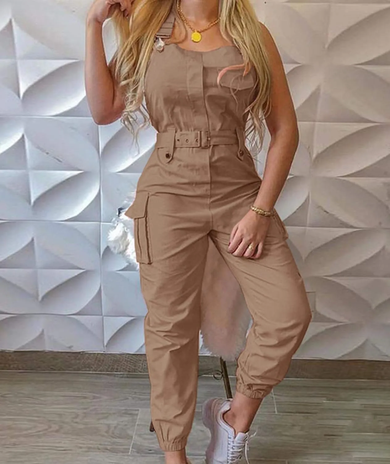 Sexyshine Women's Sleeveless Adjustable Straps Bib Overalls Jumpsuits Belted Ankle Tied Loose Cargo Pant with Pockets